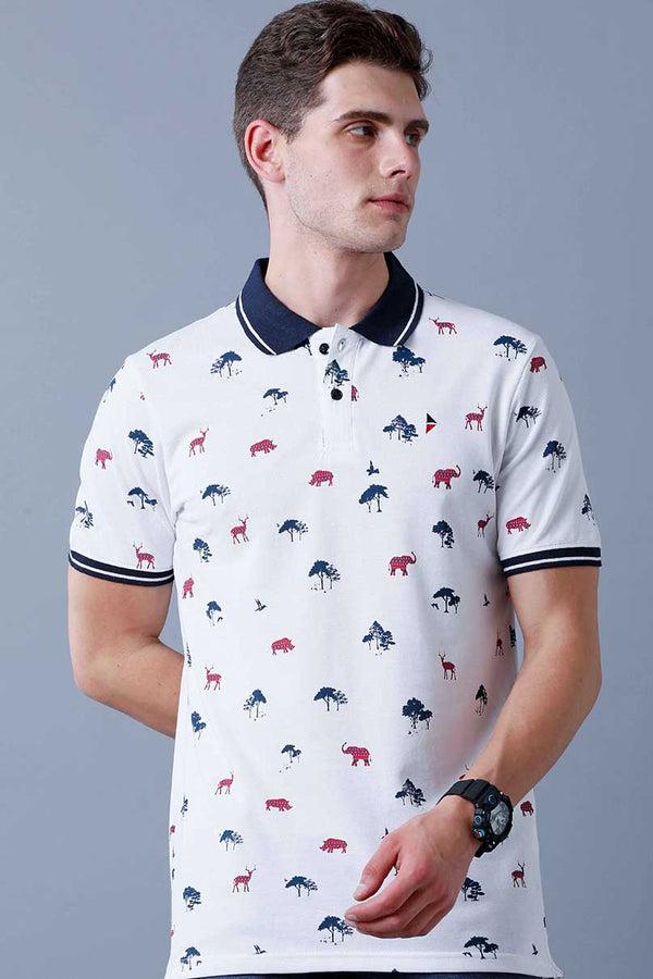White Printed Polo T-Shirt