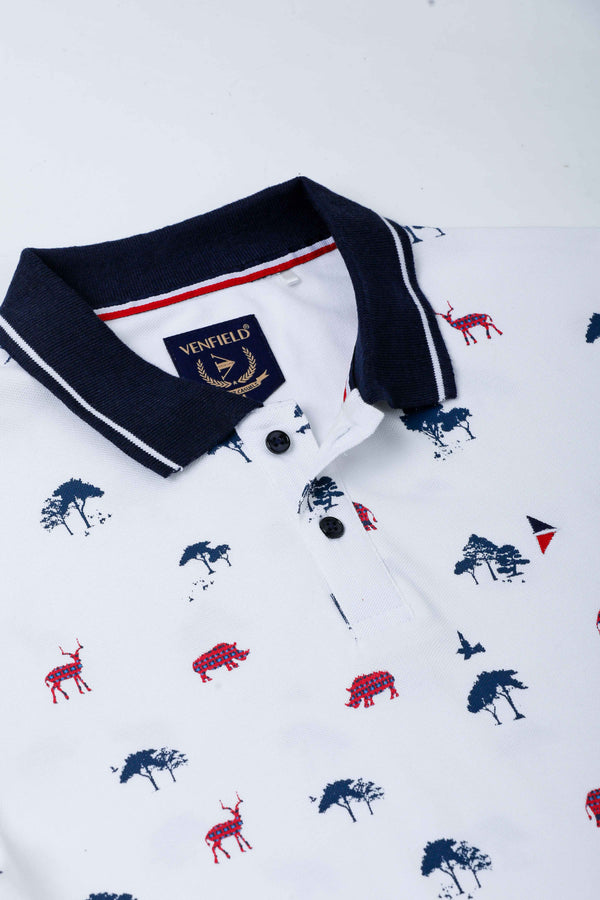 White Printed Polo T-Shirt